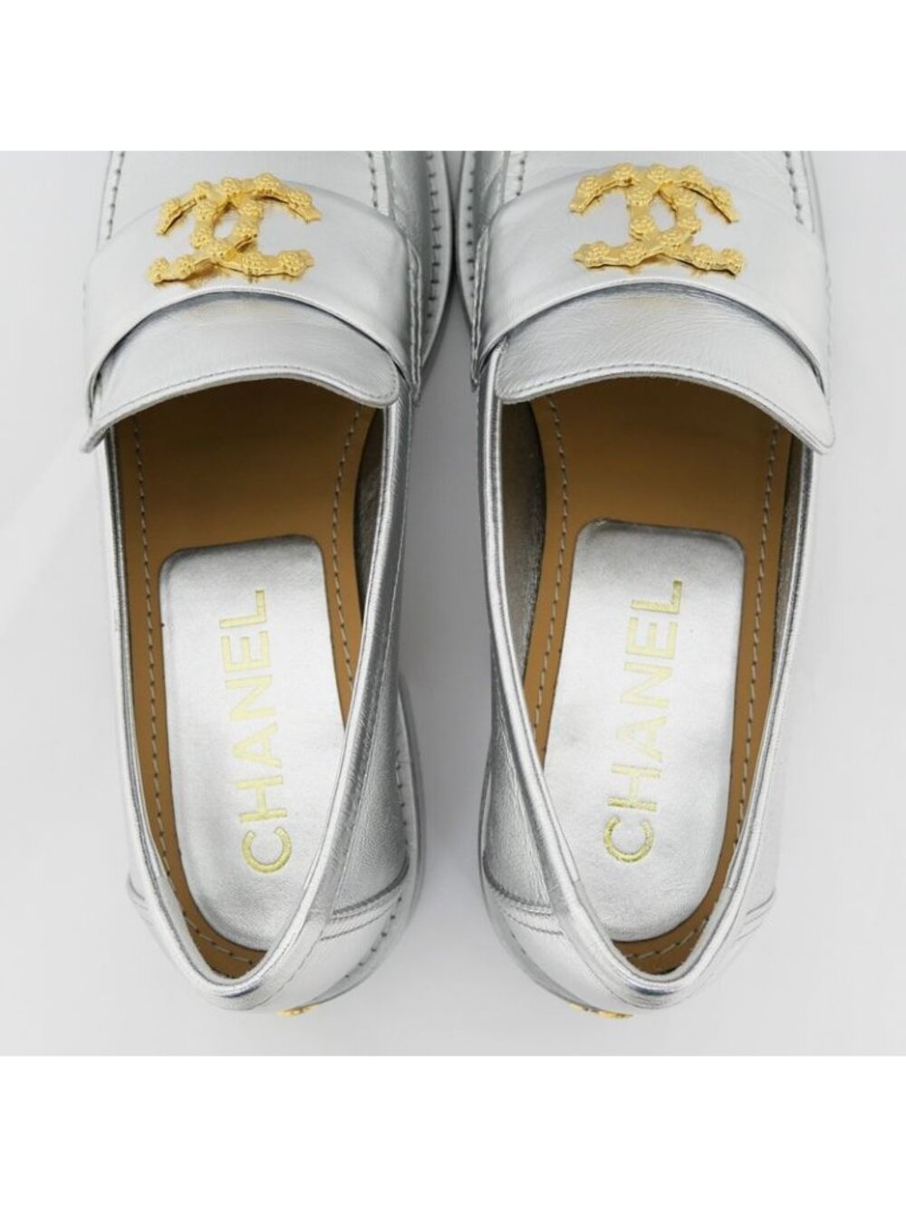 Chanel CC Logo Leather Loafers Silver Gold Hardware 37 1 2 - Picture 5 of 10